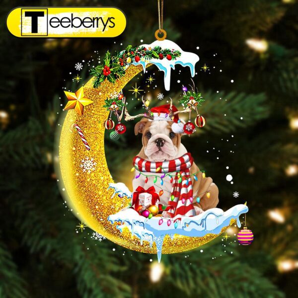 English Bulldog On The Moon Merry Christmas Hanging Christmas Ornament