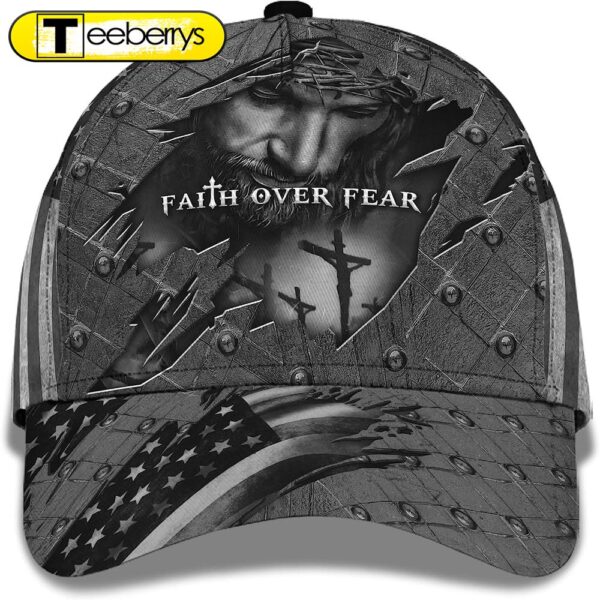 Faith Over Fear God With Cross And American Flag All Over Print Baseball Cap – Christian Hats