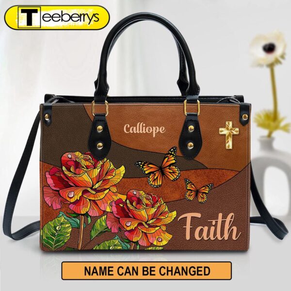 Faith Rose & Butterfly Leather Bag – Personalized Leather Bag With Handle for Christian Women