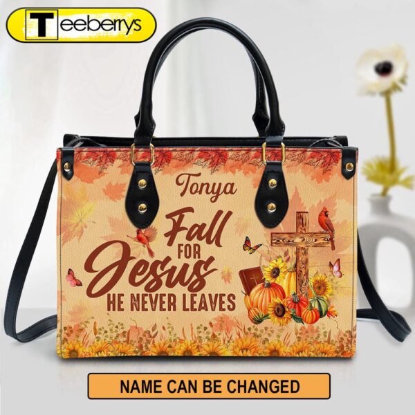 Fall For Jesus He Never Leaves Cardinal & Sunflower Leather Bag – Personalized Leather Bag With Handle