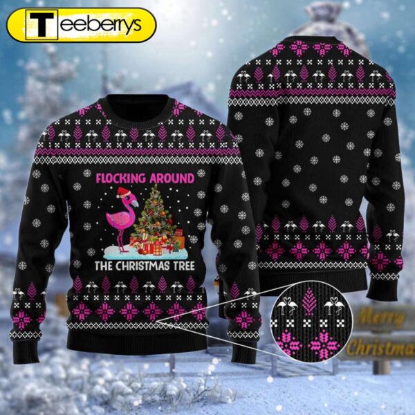 Flamingo Flocking Around The Christmas Tree Ugly Sweater