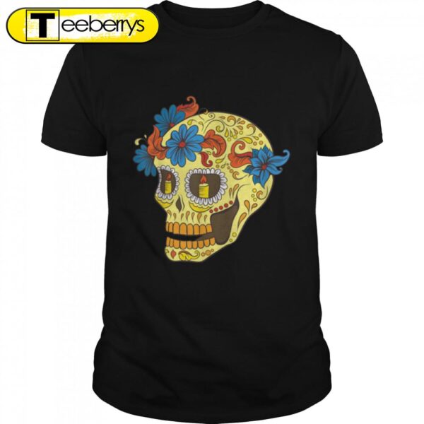 Flower Blue Sugar Skull Souls Day Muertos Day Of Dead Halloween T-Shirt