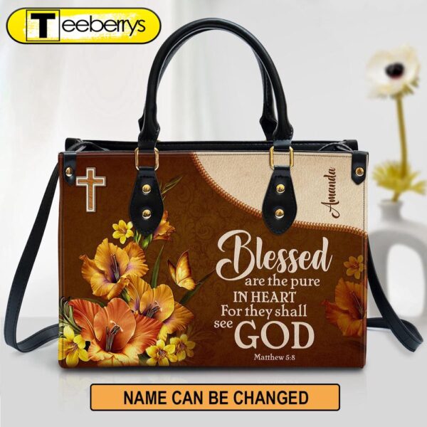 Flower & Butterfly Matthew 5 8 Blessed Are The Pure In Heart Leather Bag