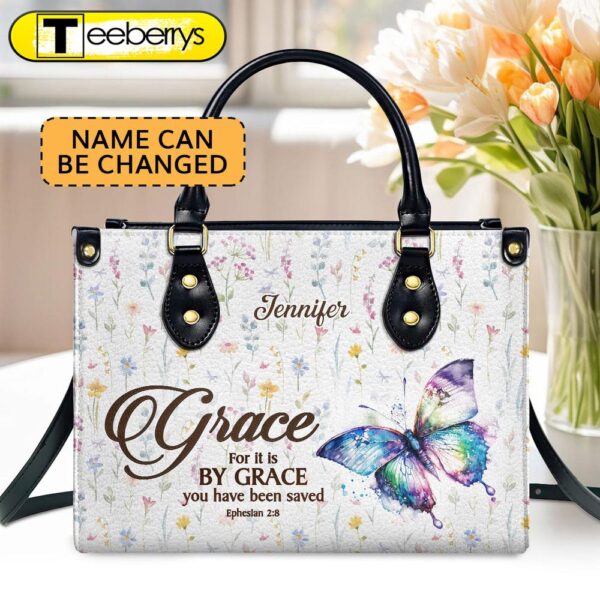 For It Is By Grace You Have Been Saved Ephesians 28 Worship Personalized Leather Handbag With Handle