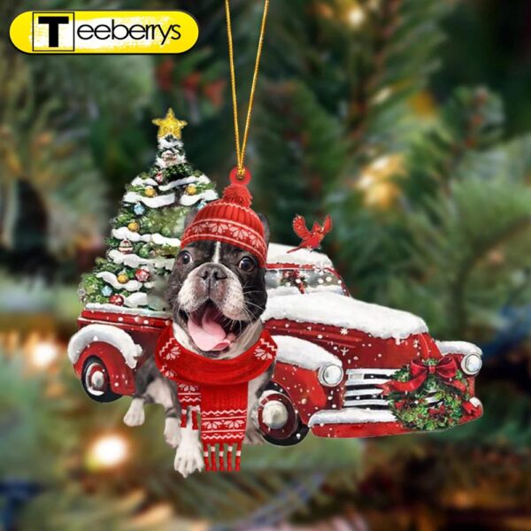 French Bulldog Christmas Car Two Sided Christmas Plastic Hanging Ornament