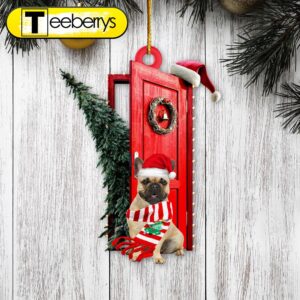 French Bulldog Sits By The Red Door Decorated With Christmas Tree Christmas Ornament