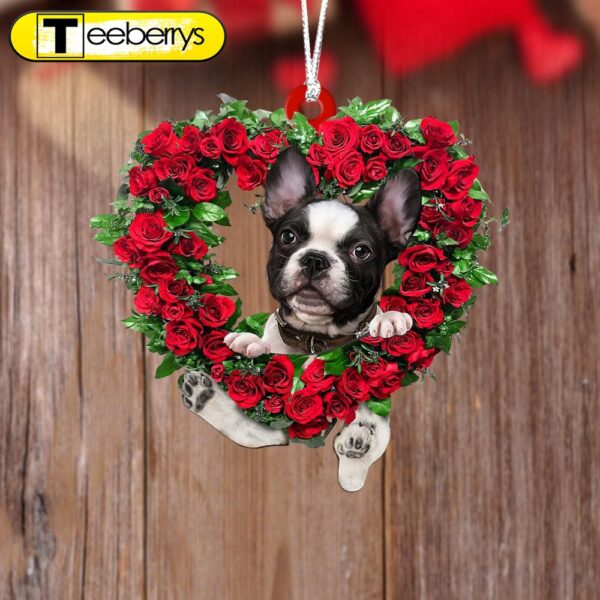 French Bulldog-Heart Wreath Two Sides Christmas Plastic Hanging Ornament