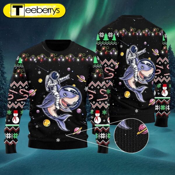 Funny Astronauts Ride A Shark In Space With The Planet Ugly Christmas Sweater