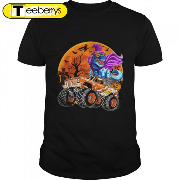 Funny Dinosaur Witch Hat and Monster Truck Happy Halloween T-Shirt