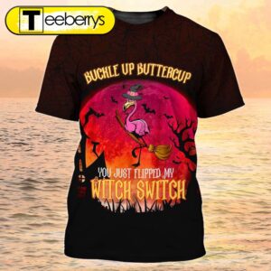 Funny Flamingo Flying On Night Halloween Shirt Men Women Flipped My Witch Switch 3D Shirt