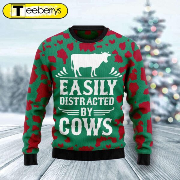 Funny Ugly Christmas Sweater Easily Distracted By Cows – Shop Now