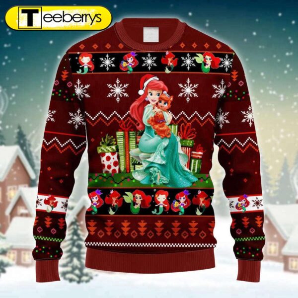 Get Festive with our Xmas Little Ariel Mermaid Ugly Sweater in Red Brown