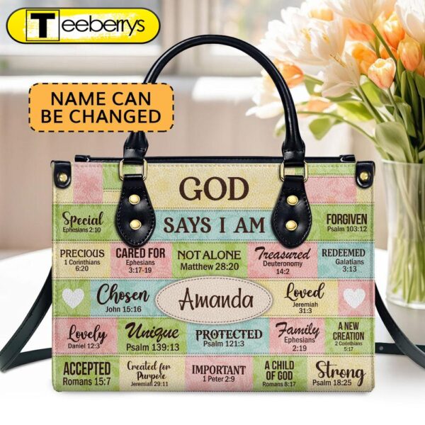 God Says I Am Gift For Her  Personalized Leather Handbag With Zipper