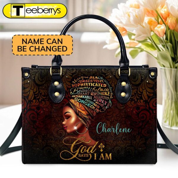 God Says I Am Personalized Zippered Leather Handbag With Handle