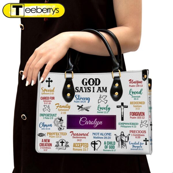 God Says I Am Scripture Leather Bag – Personalized Leather Bag With Handle for Christian Women