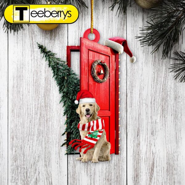 Golden Retriever Sits By The Red Door Decorated With Christmas Tree Christmas Ornament