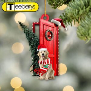 Golden Retriever Sits By The Red Door Decorated With Christmas Tree Christmas Ornament