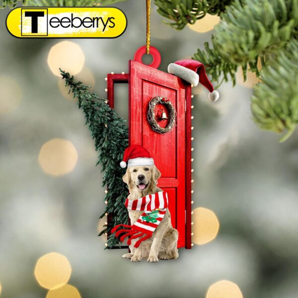 Golden Retriever Sits By The Red Door Decorated With Christmas Tree Christmas Ornament