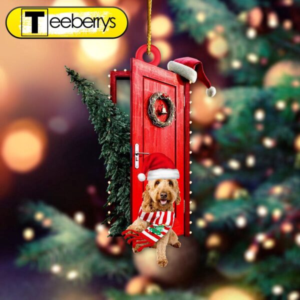 Goldendoodle Sits By The Red Door Decorated With Christmas Tree Christmas Ornament