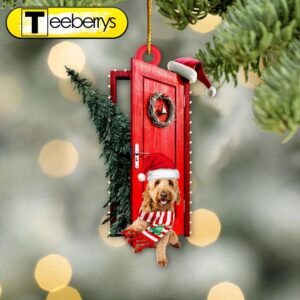 Goldendoodle Sits By The Red Door Decorated With Christmas Tree Christmas Ornament