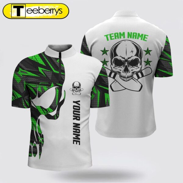 Green And White Bowling Bowling Jersey Shirts  Custom Name Skull Bowling, Men Bowling Team Shirts