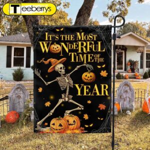 Halloween Skeleton Dancing Pumpkins It’s The Most Wonderful Time Of The Year Flag, Halloween Flag