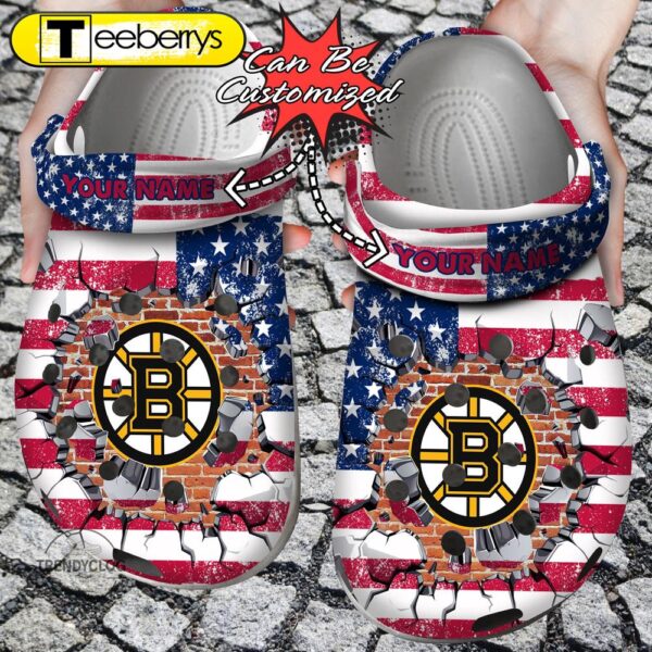 Hockey Personalized BBruins American Flag Breaking Wall Clog Shoes