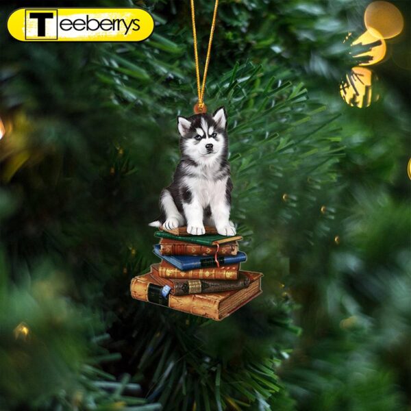 Husky-Sit On The Book Two Sides Christmas Plastic Hanging Ornament – Funny Ornament