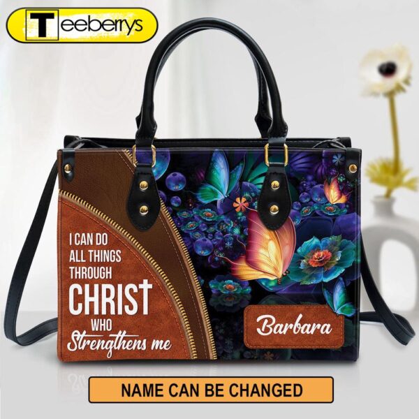 I Can Do All Things Through Christ Leather Bag – Custom Name Butterfly Leather Handbag