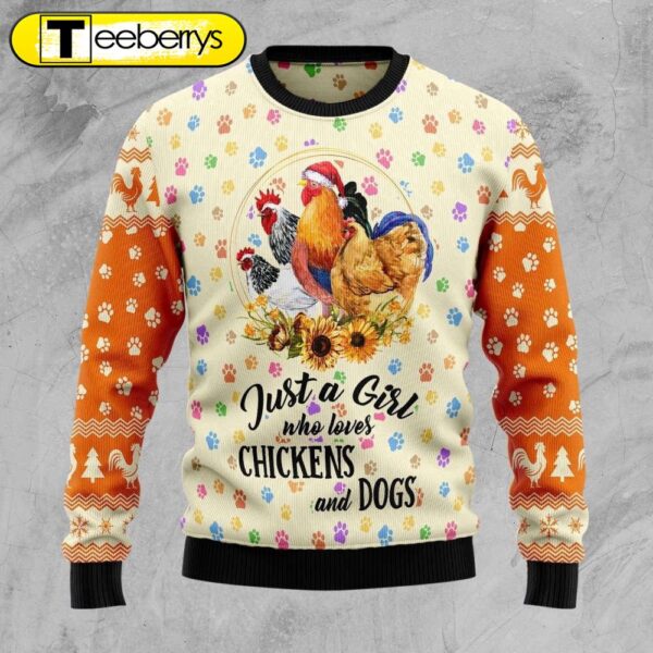 Just A Girl Who Loves Chickens And Dogs Ugly Christmas Sweater