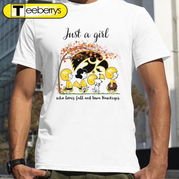 Just A Girl Who Loves Fall and Iowa Hawkeyes Peanuts Cartoon Halloween T-shirts