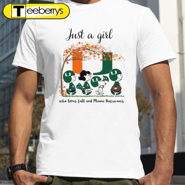 Just A Girl Who Loves Fall and Miami Hurricanes Peanuts Cartoon Halloween T-shirts