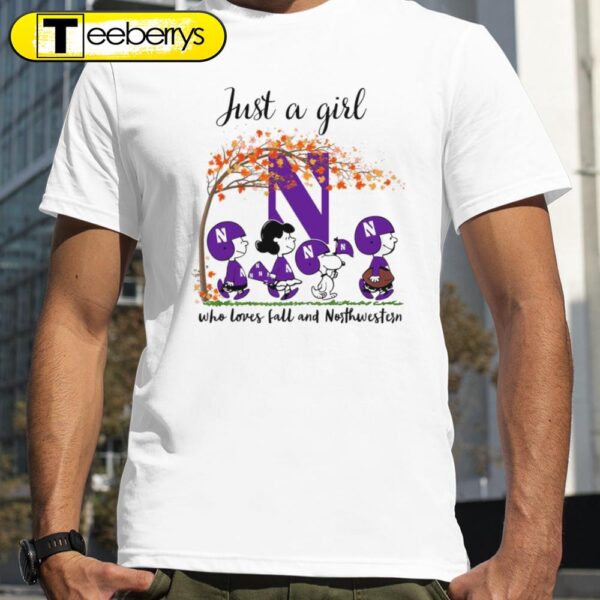 Just A Girl Who Loves Fall and Northwestern Wildcats Peanuts Cartoon Halloween T-shirts