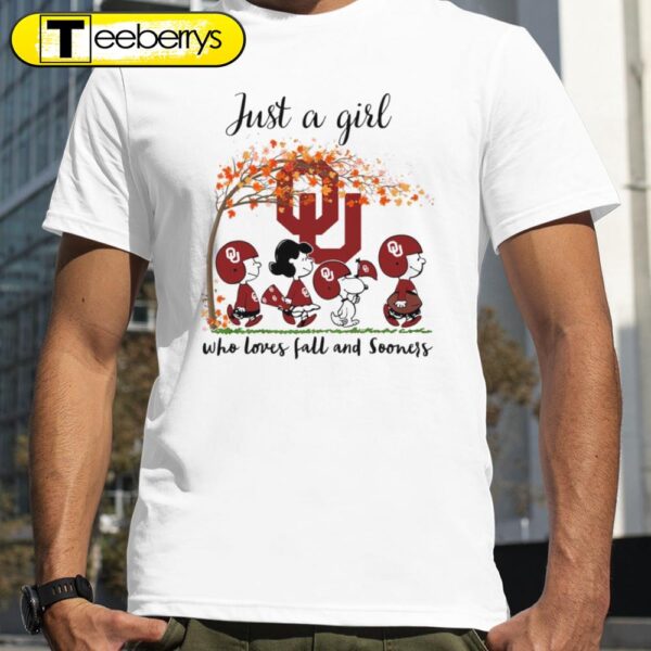 Just A Girl Who Loves Fall and Oklahoma Sooners Peanuts Cartoon Halloween T-shirts