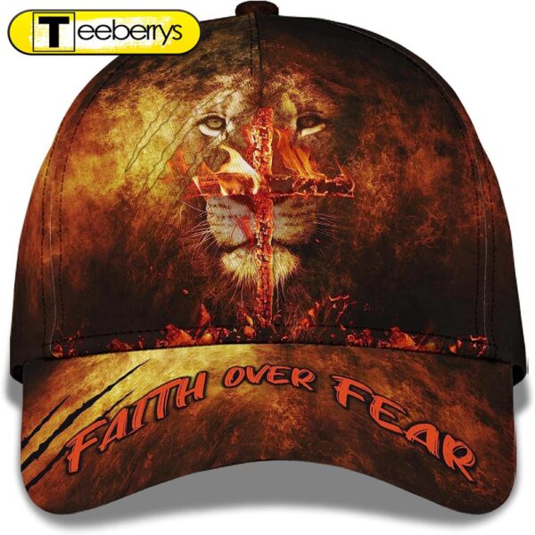 Lion With Christian Cross On Fire Faith Over Fear All Over Print Baseball Cap – Christian Hats