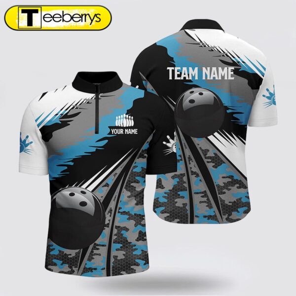 Men Bowling Jersey Shirts Custom Black Ball Blue Camo Bowling Team Jersey, Gift For Bowlers