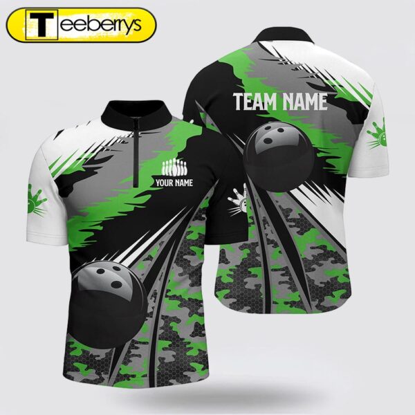 Men Bowling Jersey Shirts Custom Black Ball Green Camo Bowling Team Jersey, Gift For Bowlers