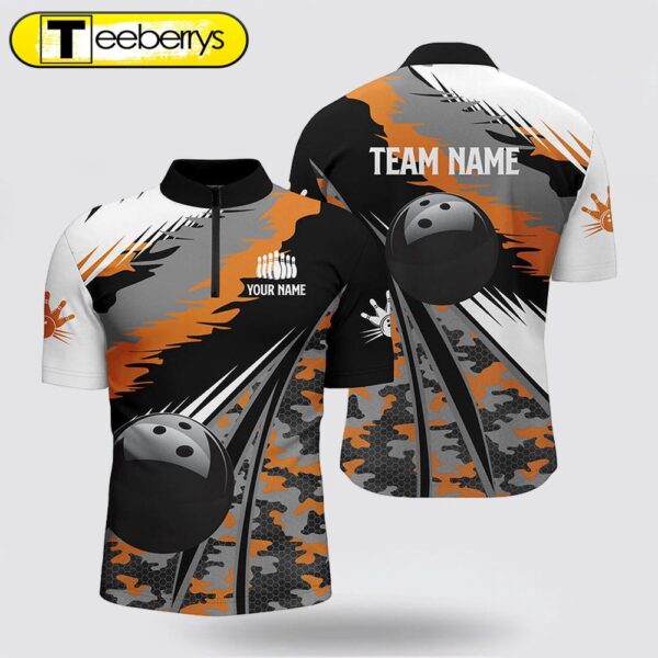 Men Bowling Jersey Shirts Custom Black Ball Orange Camo Bowling Team Jersey, Gift For Bowlers