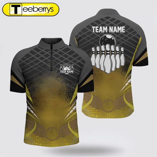 Men Bowling Jersey Shirts Custom Black Gold Bowling Ball Pins Team League Jersey, Bowling Gift