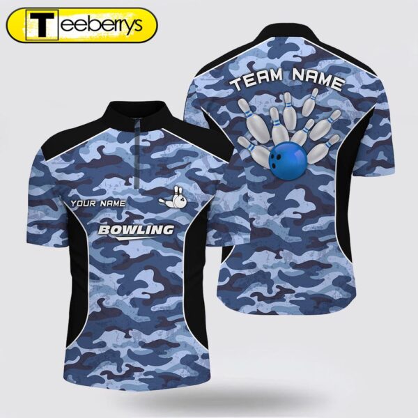 Men Bowling Jersey Shirts Custom Bowling Ball And Pins Blue Camo Bowling Team Jersey