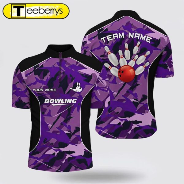 Men Bowling Jersey Shirts Custom Bowling Ball And Pins Purple Camo Bowling Team Jersey