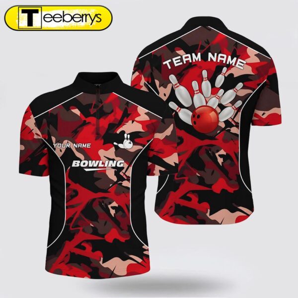 Men Bowling Jersey Shirts Custom Bowling Ball And Pins Red Camo Bowling Team Jersey