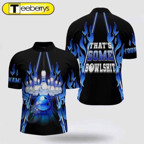 Men’s Bowling Jersey Custom Blue Flame That’s Some Bowlshit Bowling Ball Pins Team League Jerseys