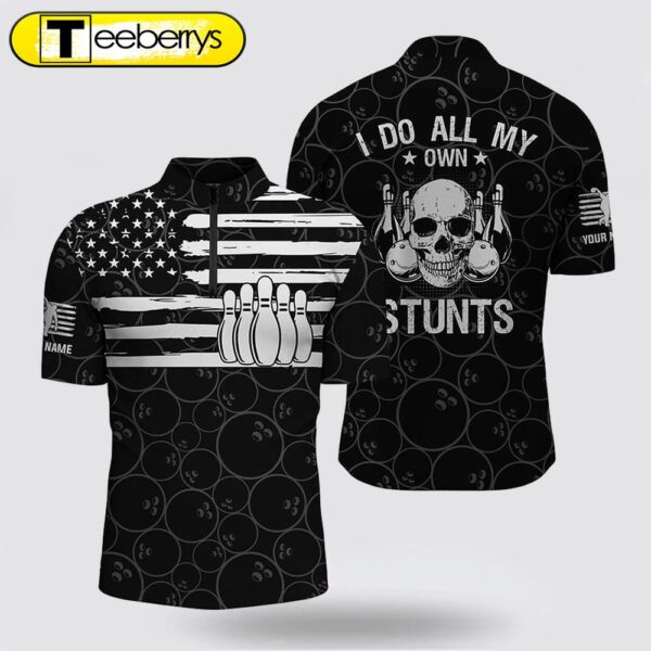 Men’s Bowling Jersey Shirts Custom American Flag Patriotic I Do All My Own Stunts Skull Jerseys