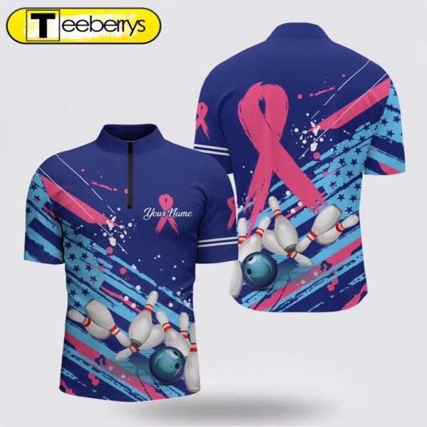 Men’s Bowling Jersey Shirts Custom Blue American Flag Pink Ribbon Bowling Breast Cancer Awareness