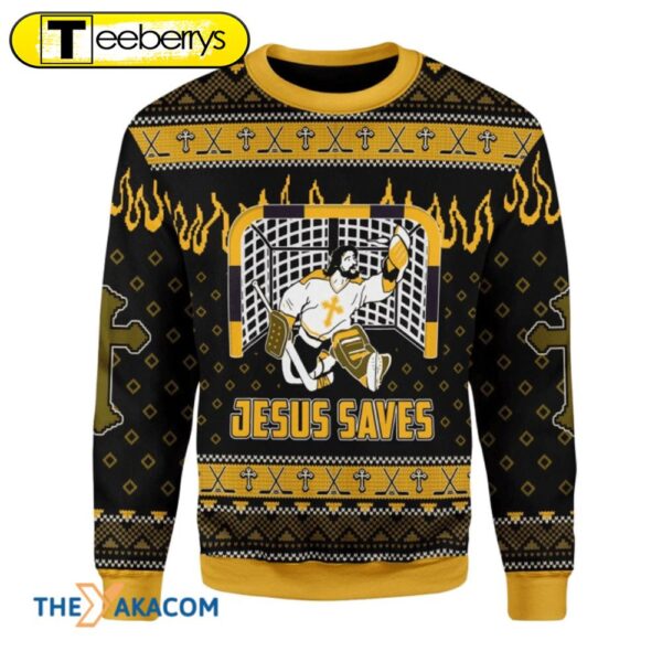 Merry Xmas Jesus Saves Hockey Ugly Sweater T-Shirt Perfect Christmas Gift