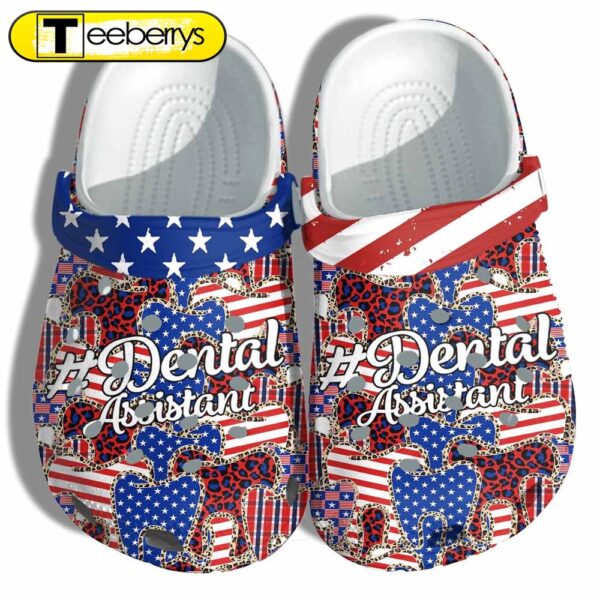 Nurse Leopard America Flag Clog Shoes Gift Coworker- Dental Assistant 4Th Of July Twinkle Usa Shoes