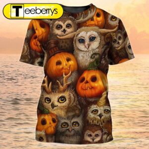 Owl Halloween Shirts 3D All Over Printed Owl And Pumpkin Halloween T Shirt