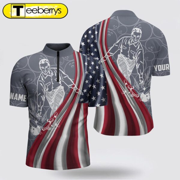 Patriotic Men’s Bowling Shirt American Flag Custom Name Bowlers Jersey Short Sleev