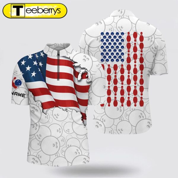 Patriotic Men’s Bowling Shirt American Flag Custom Name Bowlers Jersey Short Sleeve